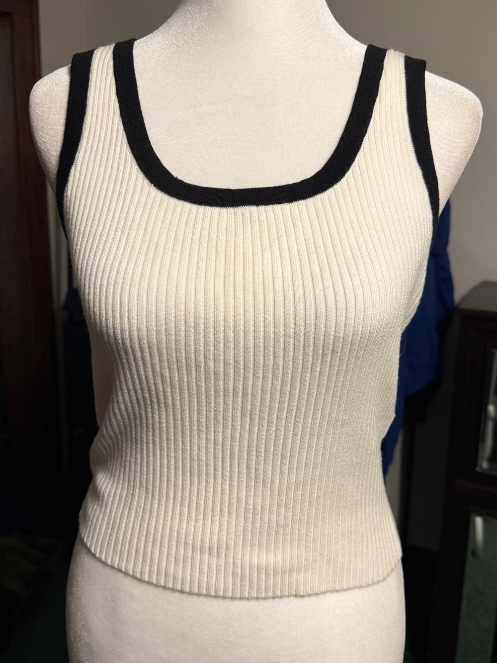 H&M Cream Ribbed Tank with Black Trim